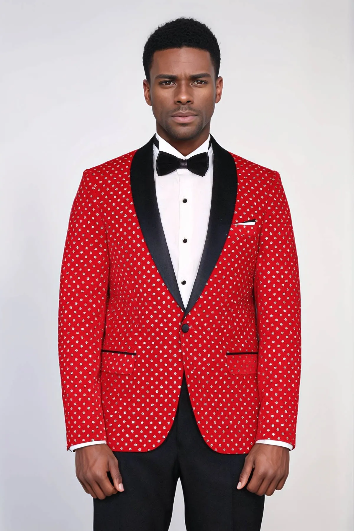 Dot Patterned Slim Fit Red Men Singer Tuxedo Blazer - Wessi