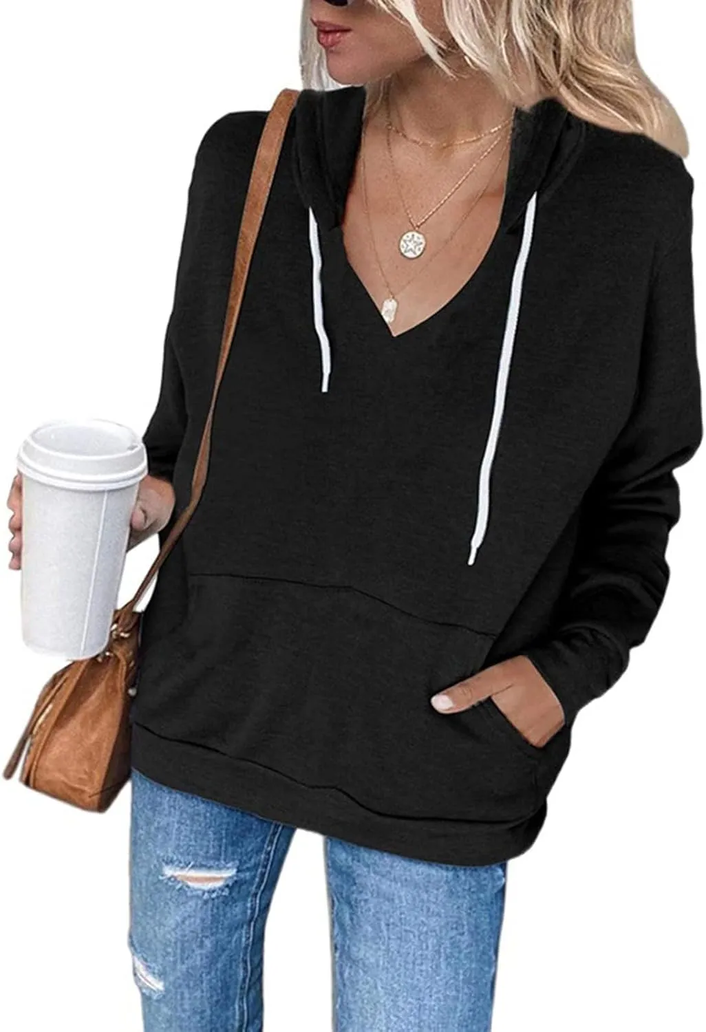 Fashion Hooded Tops for Women Oversized Hoodies Sweatshirts V Neck Long Sleeve Pullover Shirts Loose Fit Sweater