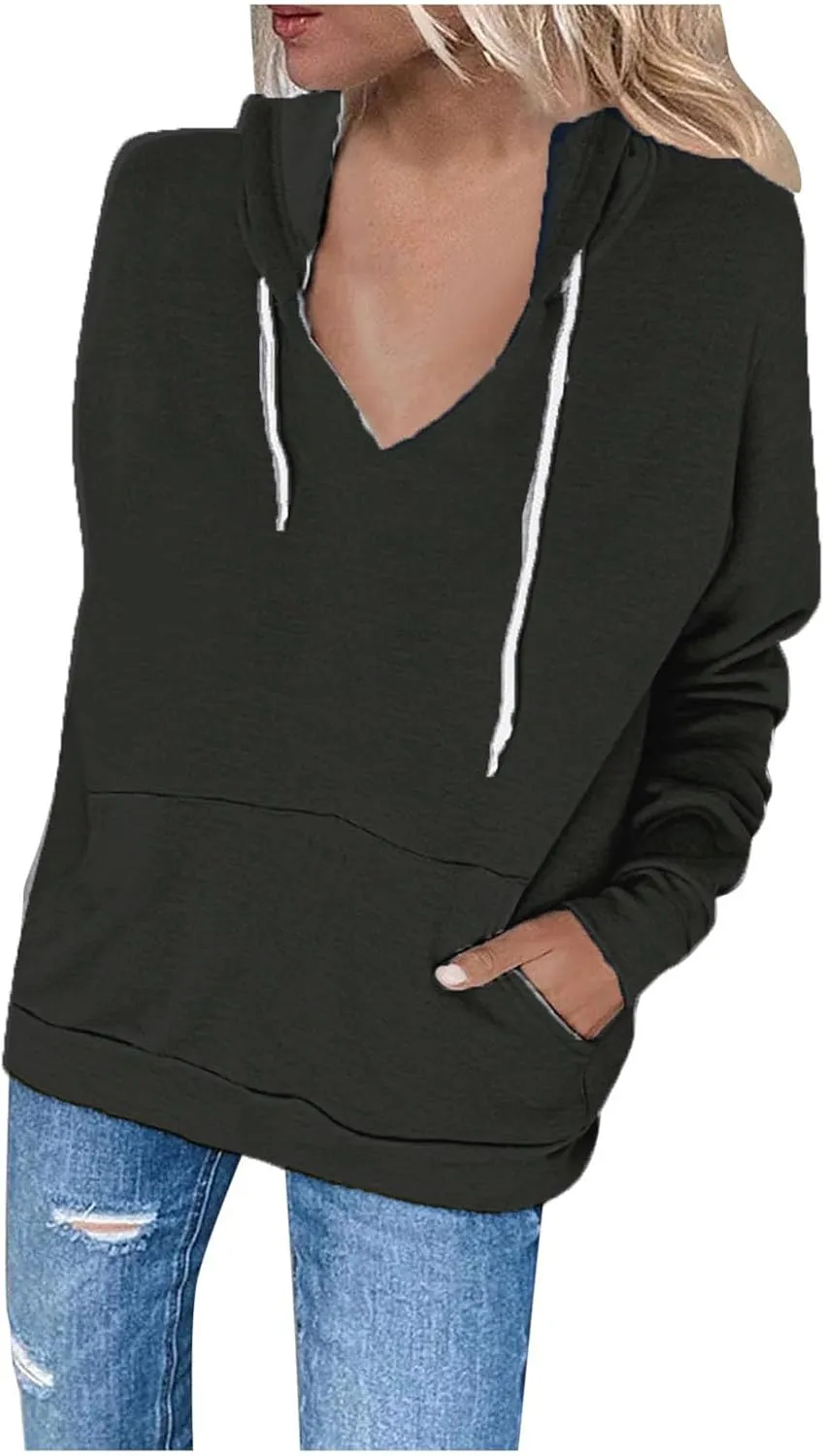 Fashion Hooded Tops for Women Oversized Hoodies Sweatshirts V Neck Long Sleeve Pullover Shirts Loose Fit Sweater
