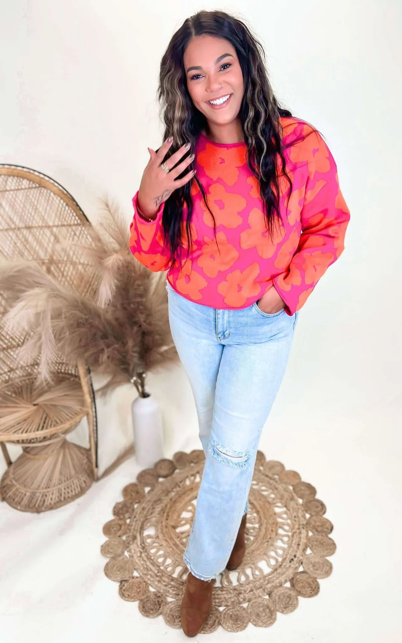 Floral Jacquard Relaxed Cropped Sweater - Final Sale
