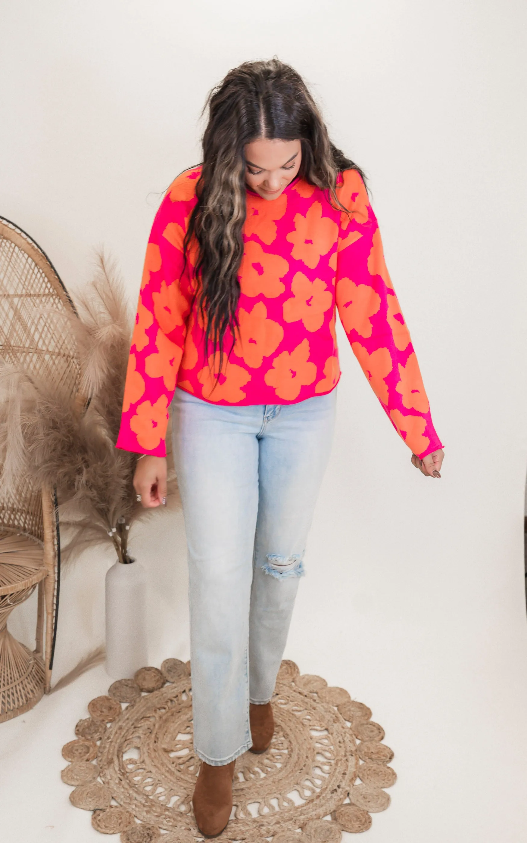 Floral Jacquard Relaxed Cropped Sweater - Final Sale