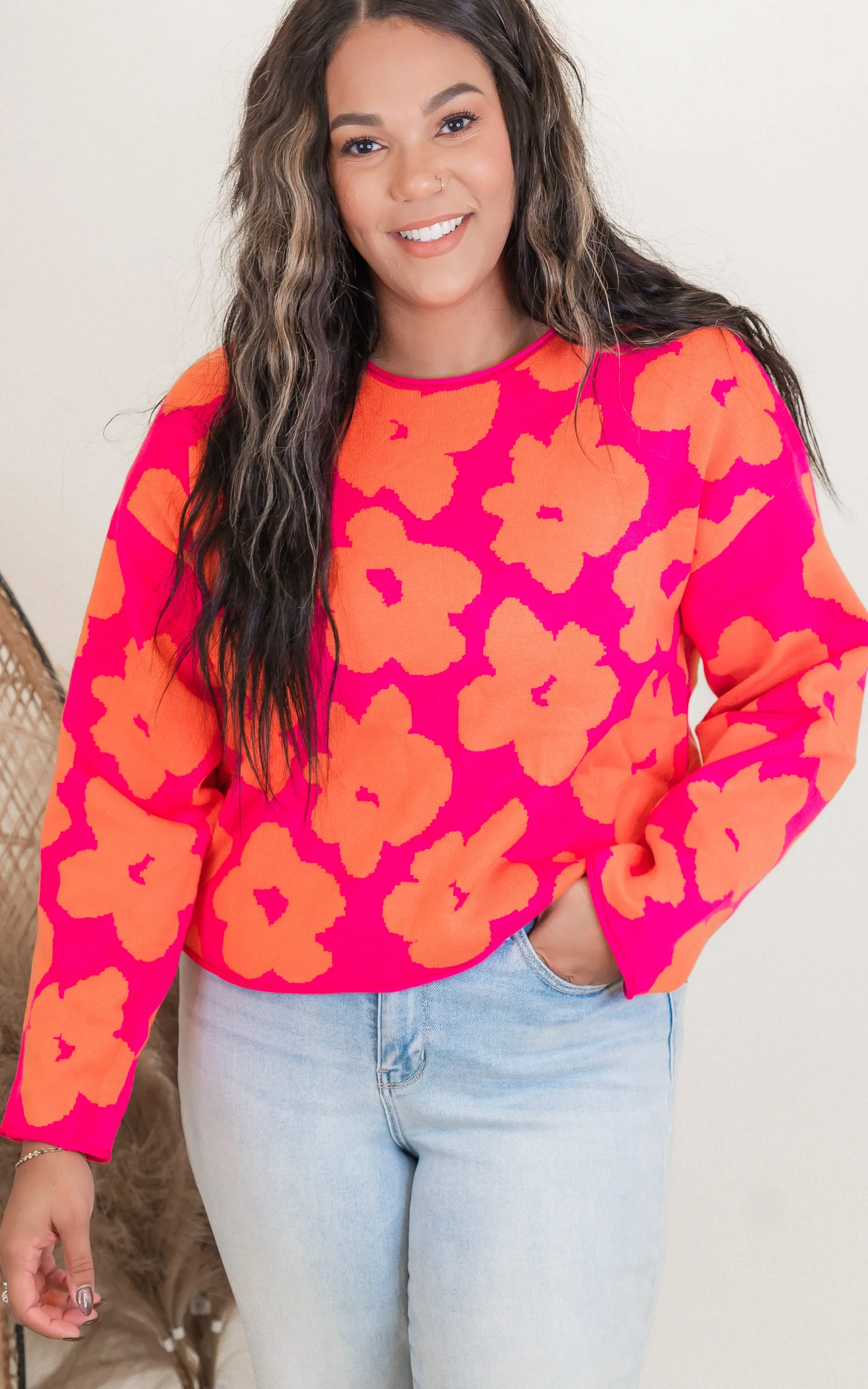 Floral Jacquard Relaxed Cropped Sweater - Final Sale
