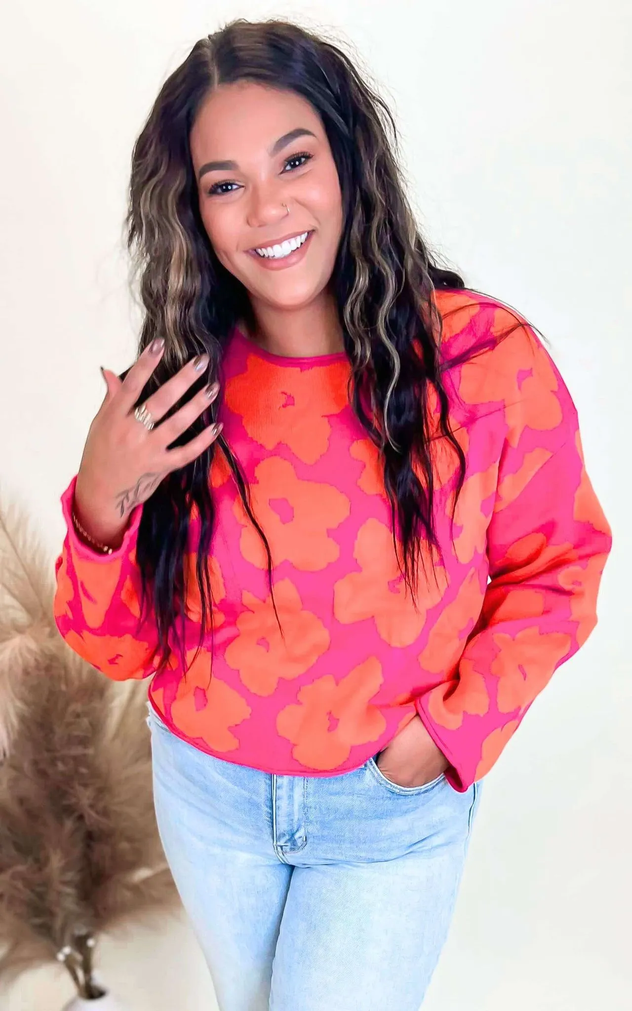 Floral Jacquard Relaxed Cropped Sweater - Final Sale