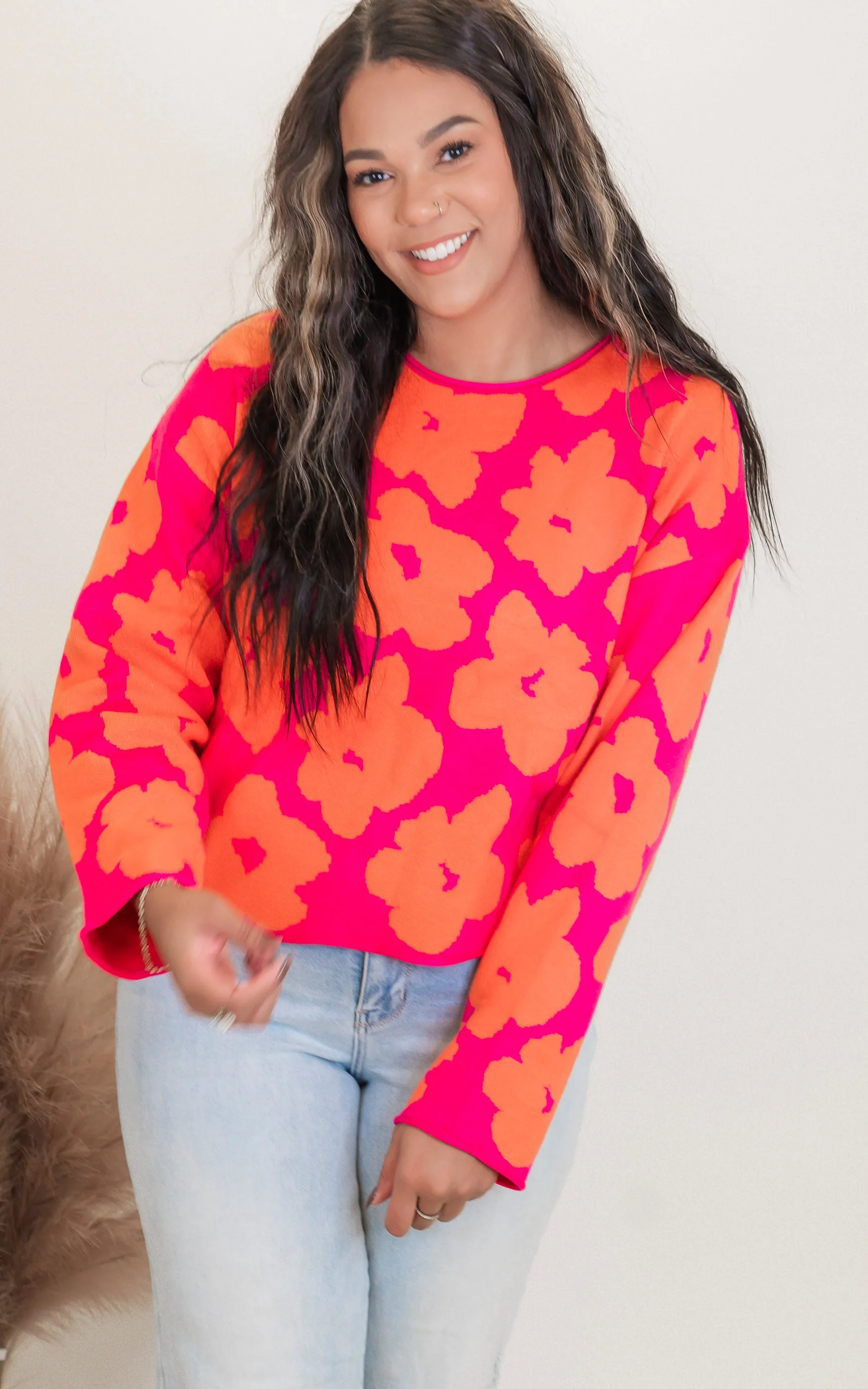 Floral Jacquard Relaxed Cropped Sweater - Final Sale