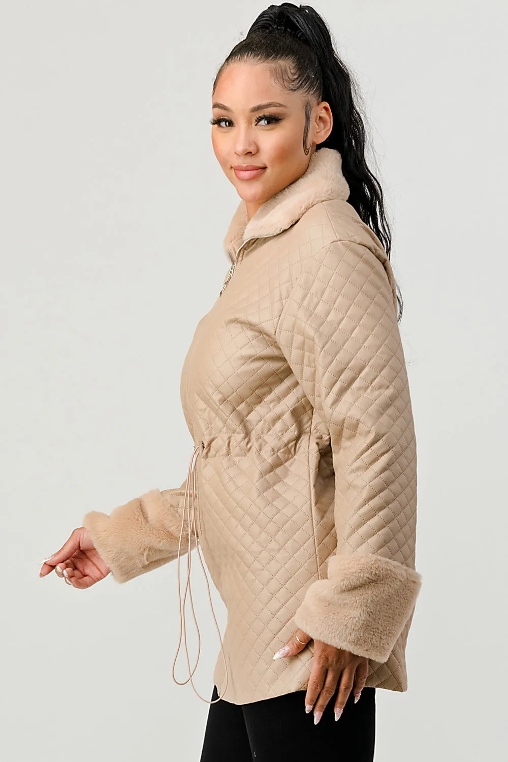 FUZZY FUR FAUX LEATHER QUILTED ZIPUP JACKETS