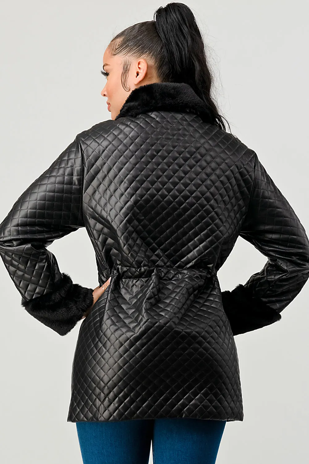 FUZZY FUR FAUX LEATHER QUILTED ZIPUP JACKETS