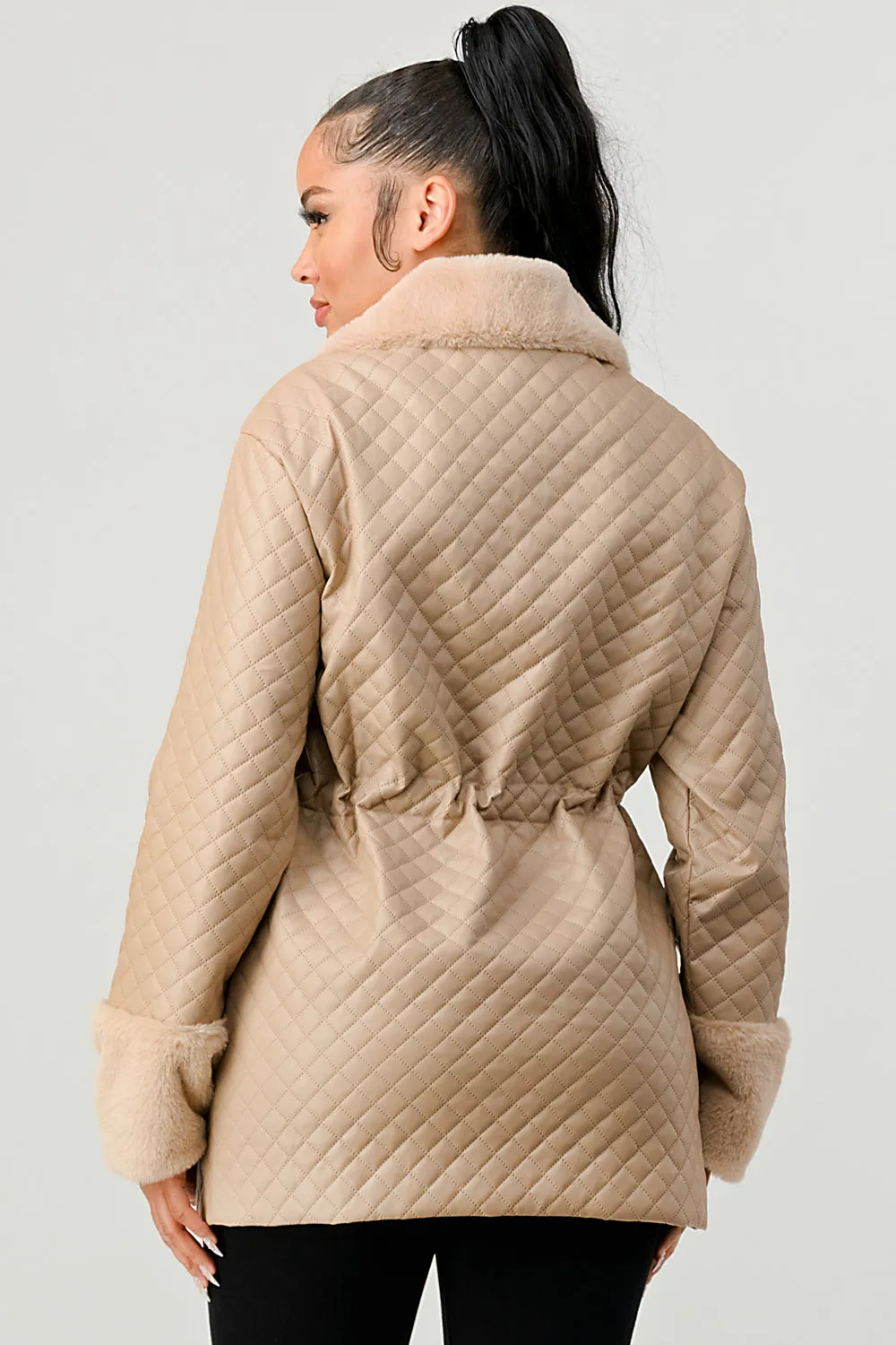 FUZZY FUR FAUX LEATHER QUILTED ZIPUP JACKETS