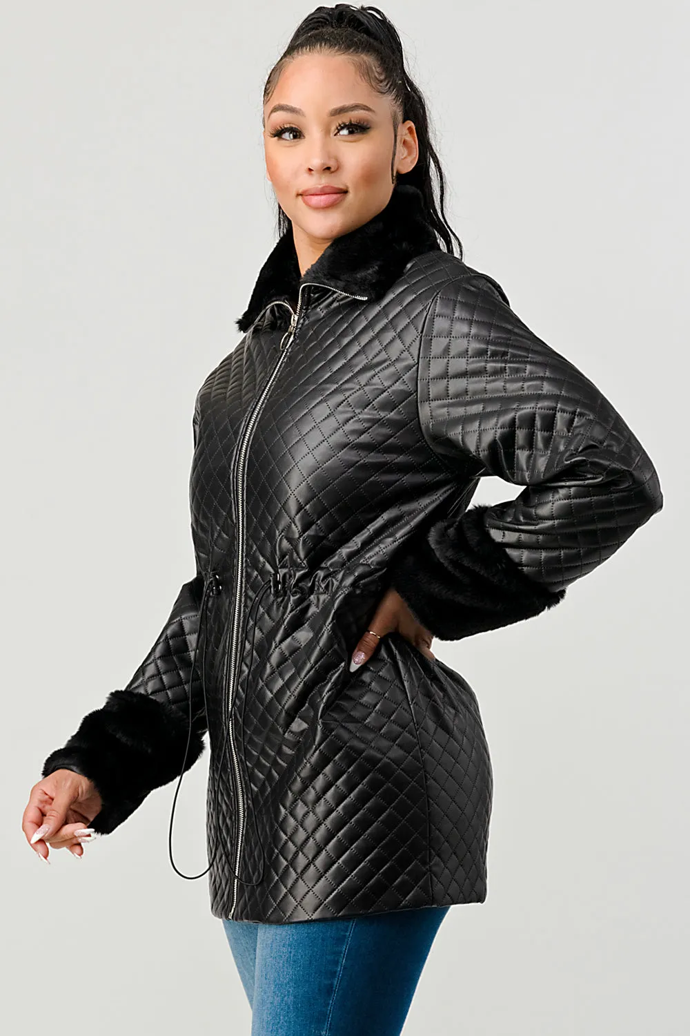 FUZZY FUR FAUX LEATHER QUILTED ZIPUP JACKETS