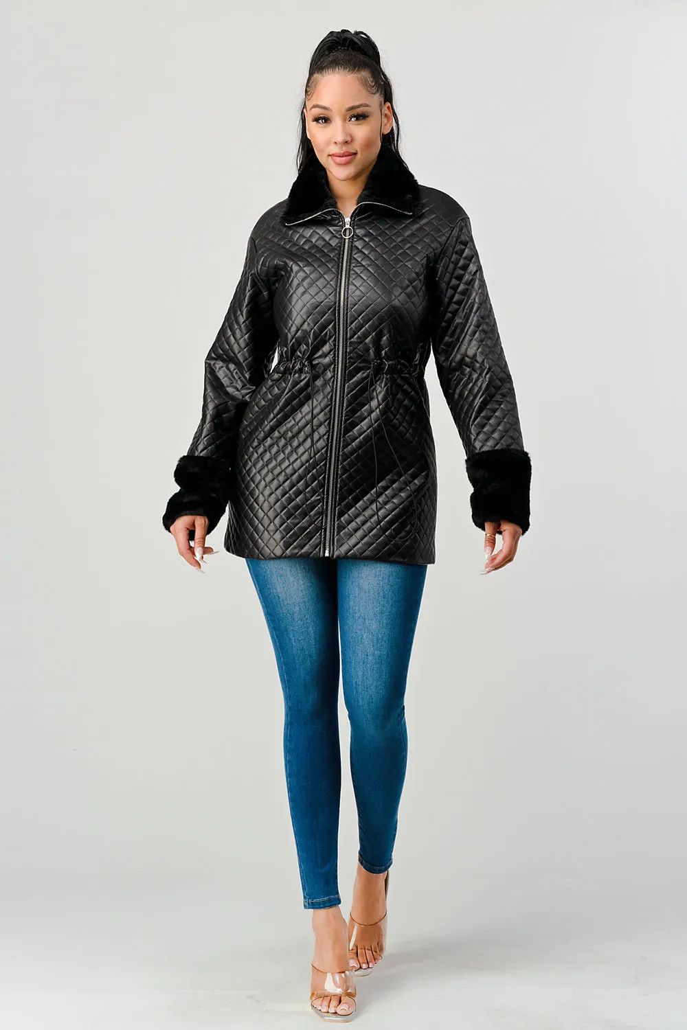 FUZZY FUR FAUX LEATHER QUILTED ZIPUP JACKETS