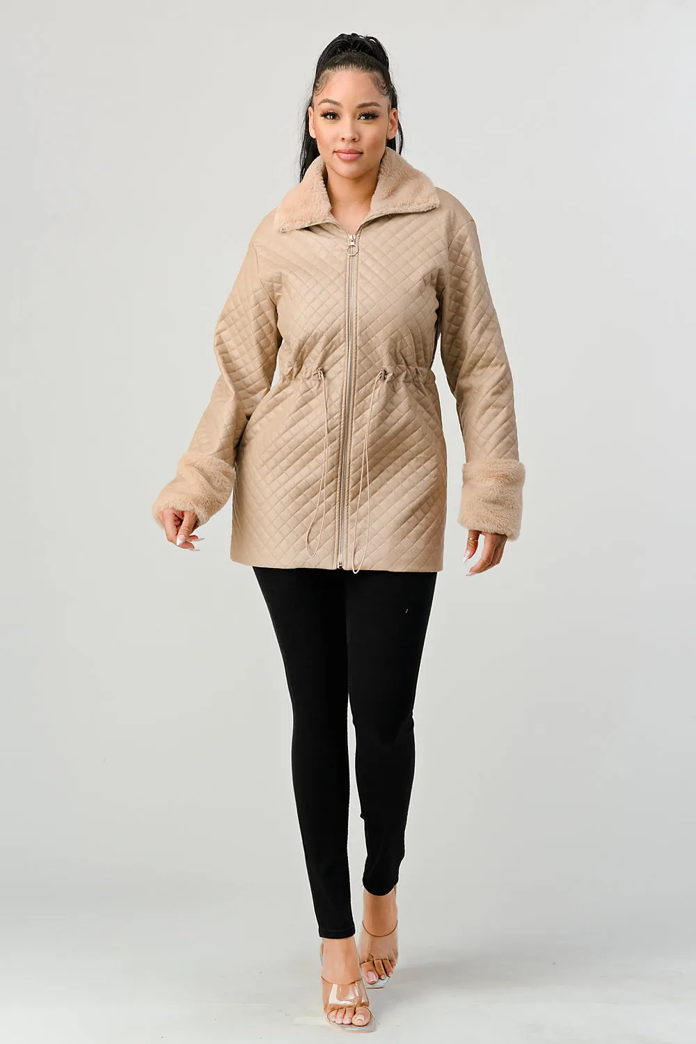 FUZZY FUR FAUX LEATHER QUILTED ZIPUP JACKETS