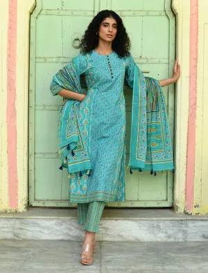 Green Floral Printed Regular Pure Cotton 3-Piece Kurta Suit Set