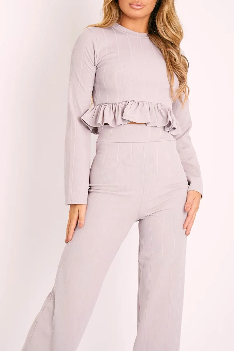 Grey Ribbed Frill Hem Top and Wide Leg Trouser Co-ord - Blayke