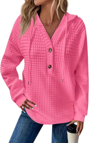 Hoodies For Women Waffle Knit Long Sleeve Shirts Drawstring Button V Neck Tops Fall Loose Fit Pullover Sweatshirt