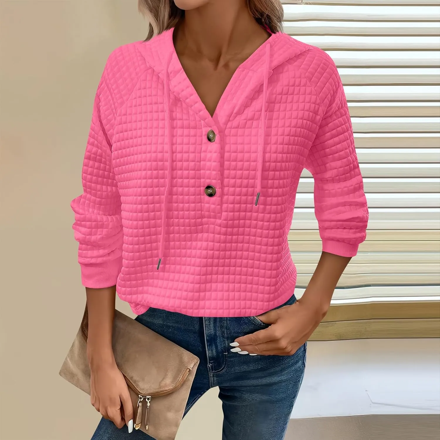 Hoodies For Women Waffle Knit Long Sleeve Shirts Drawstring Button V Neck Tops Fall Loose Fit Pullover Sweatshirt