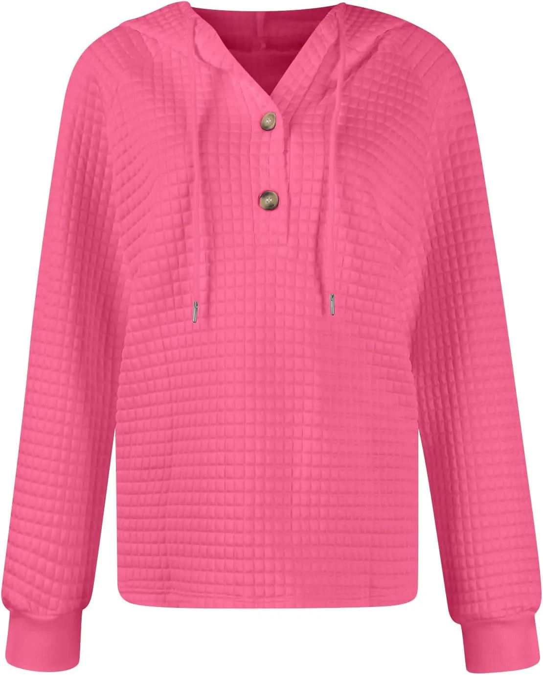 Hoodies For Women Waffle Knit Long Sleeve Shirts Drawstring Button V Neck Tops Fall Loose Fit Pullover Sweatshirt