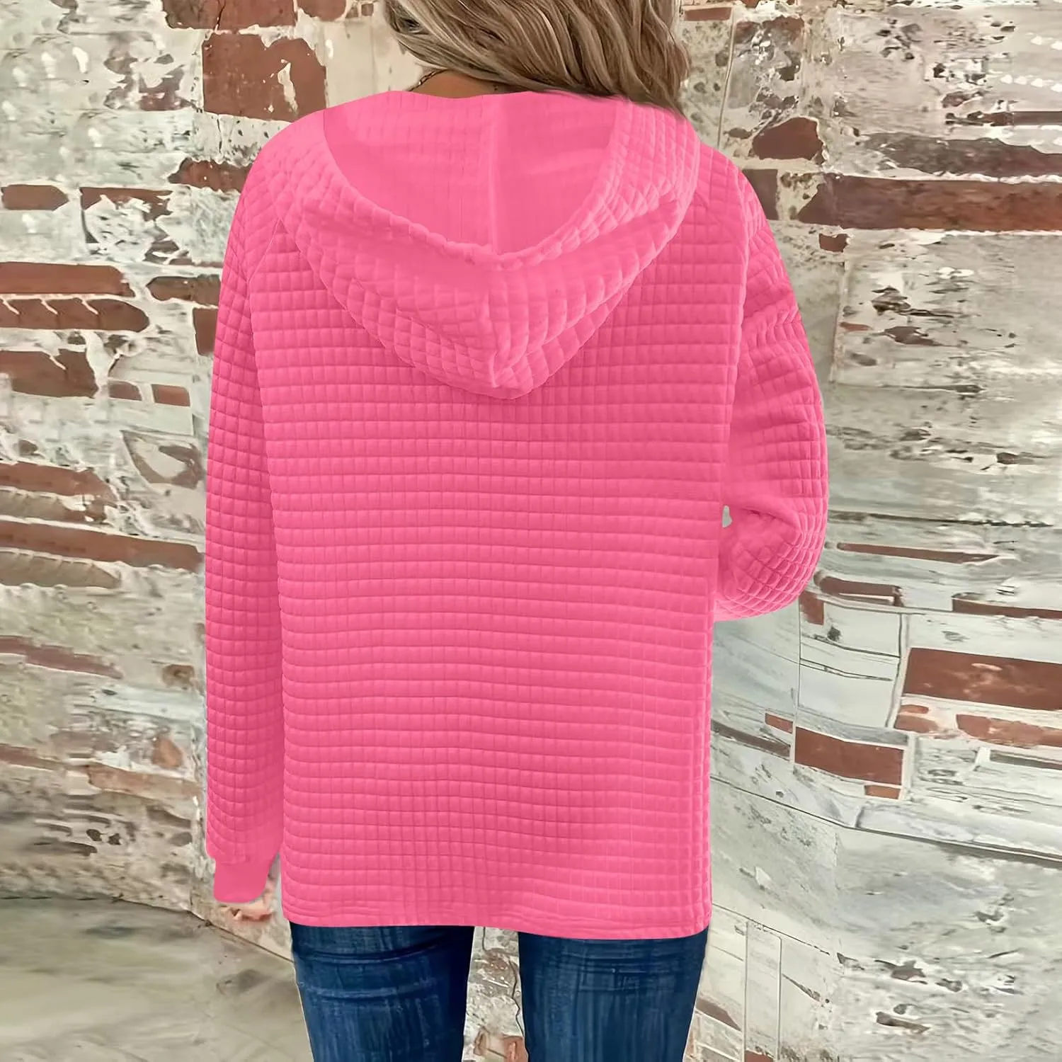 Hoodies For Women Waffle Knit Long Sleeve Shirts Drawstring Button V Neck Tops Fall Loose Fit Pullover Sweatshirt