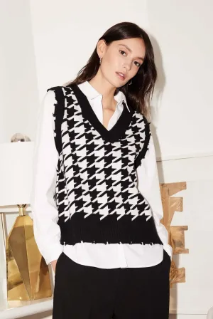 Houndstooth Fooler Vest with Shirt Collar