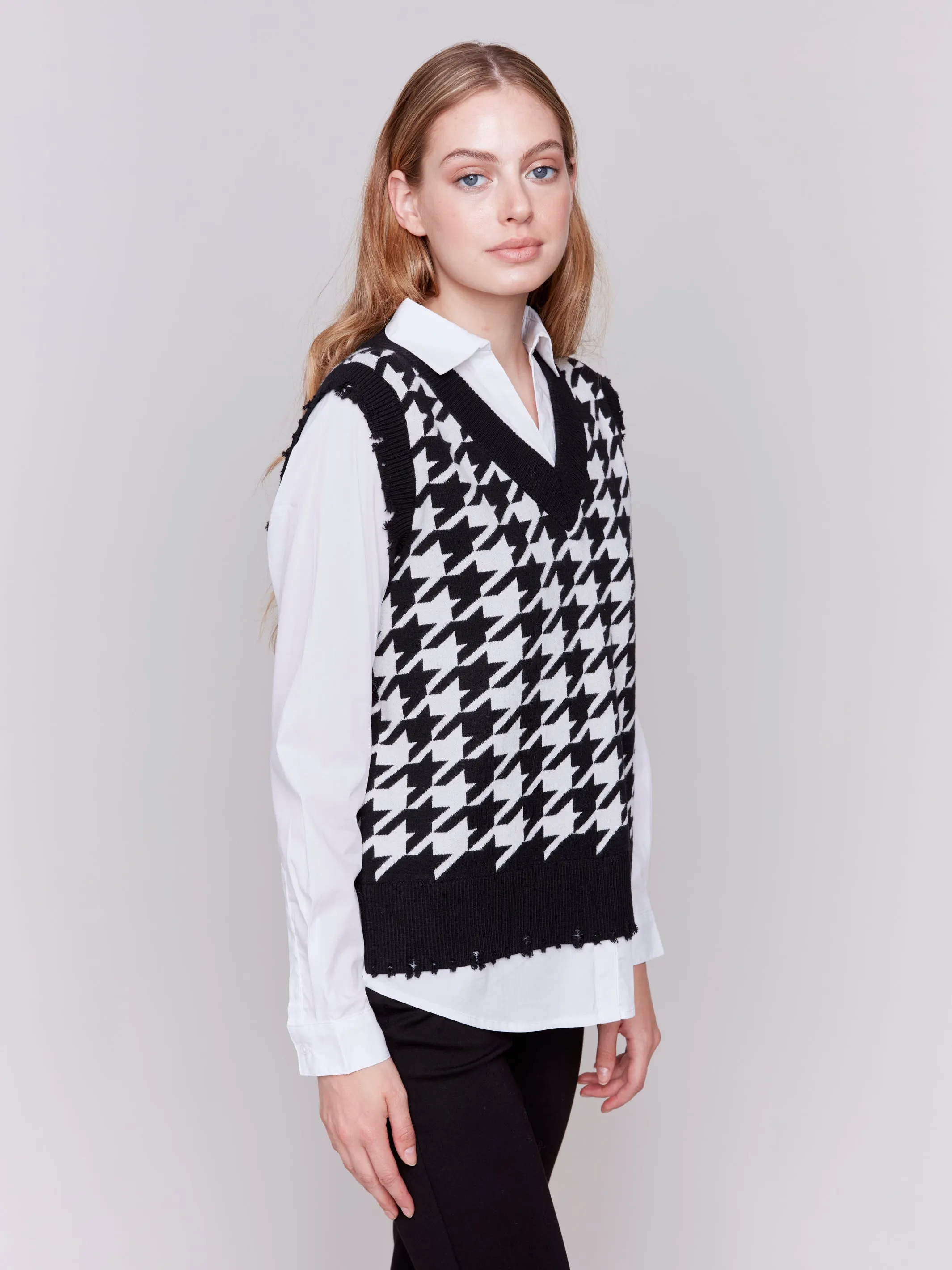 Houndstooth Fooler Vest with Shirt Collar
