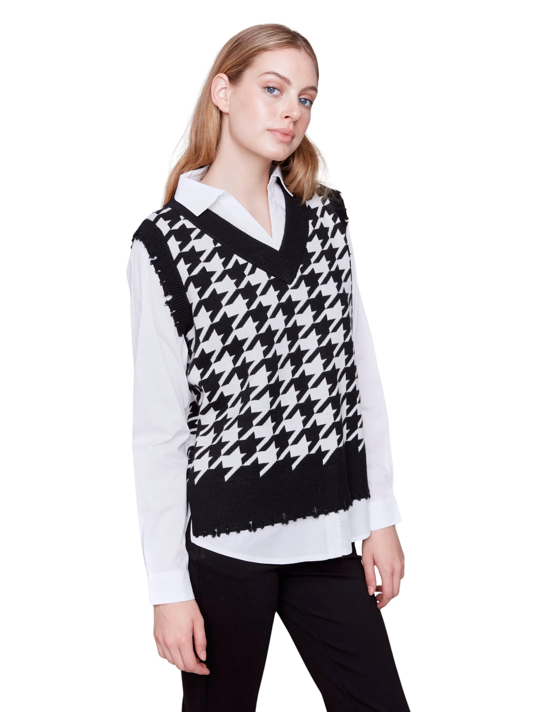 Houndstooth Fooler Vest with Shirt Collar