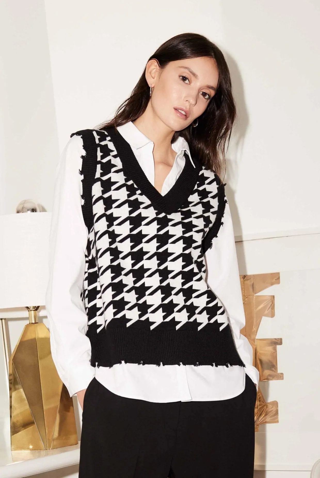 Houndstooth Fooler Vest with Shirt Collar