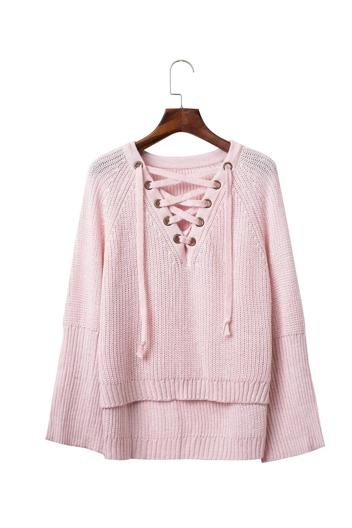 Irregular V-neck Pure Color Long Sleeves Straps Loose Sweater
