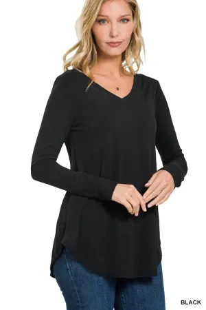 Long Sleeve V-neck Round Hem Top
