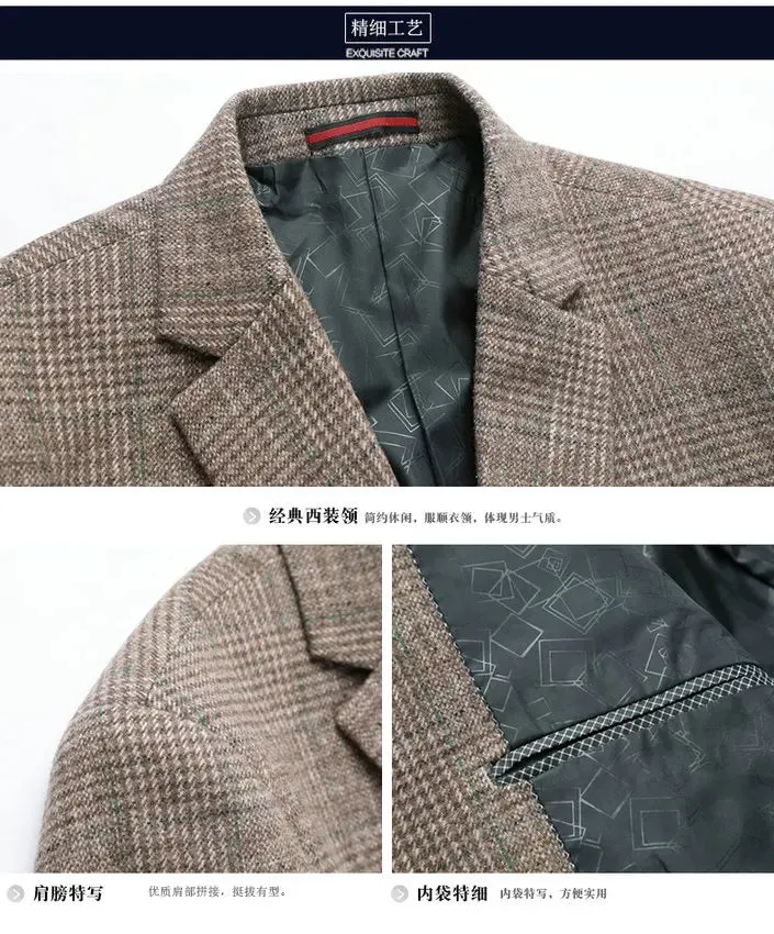 Man Wool Tweed Blazer Plaid Woolen Fabric Jacket Suit Navy Blue Camel Gray Costumn Homme Notched Collar Cuff Button Design Coats