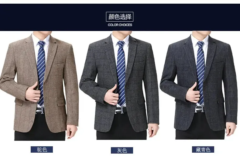 Man Wool Tweed Blazer Plaid Woolen Fabric Jacket Suit Navy Blue Camel Gray Costumn Homme Notched Collar Cuff Button Design Coats