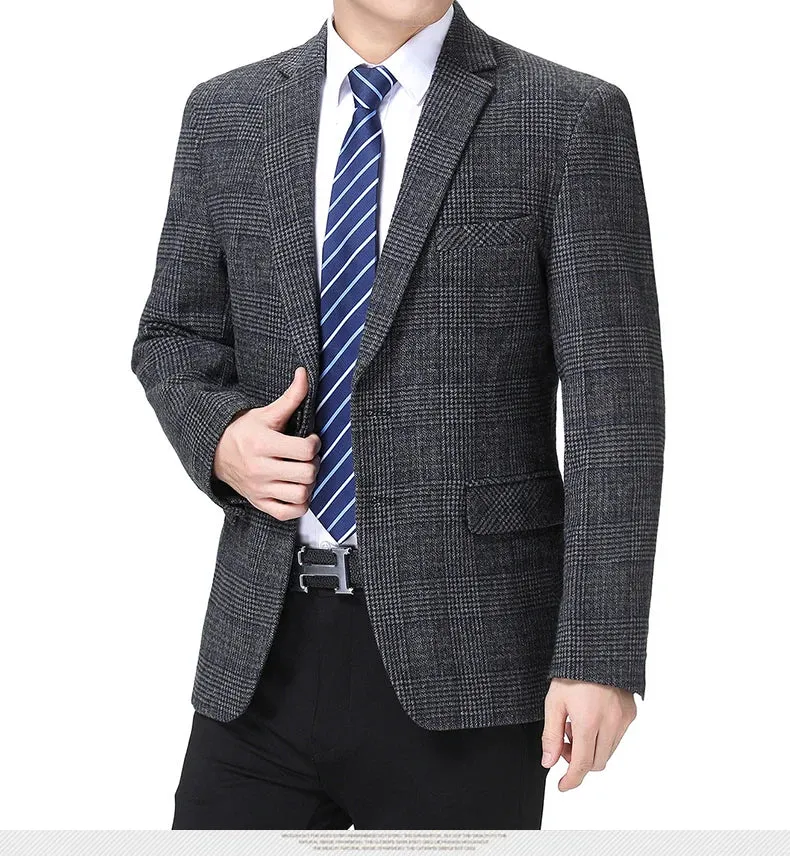 Man Wool Tweed Blazer Plaid Woolen Fabric Jacket Suit Navy Blue Camel Gray Costumn Homme Notched Collar Cuff Button Design Coats