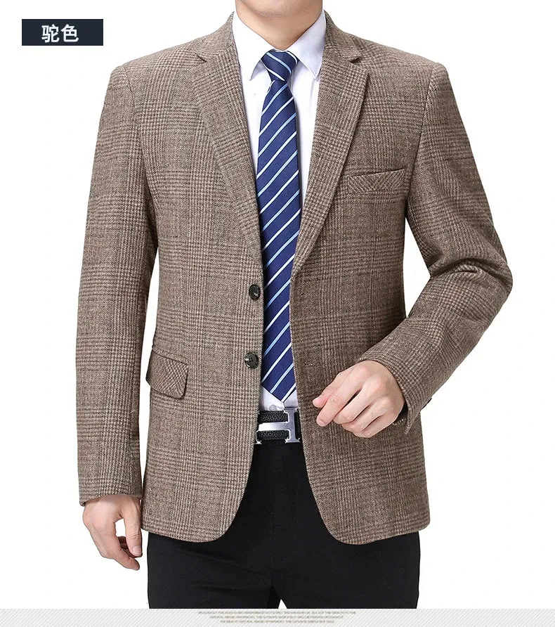 Man Wool Tweed Blazer Plaid Woolen Fabric Jacket Suit Navy Blue Camel Gray Costumn Homme Notched Collar Cuff Button Design Coats