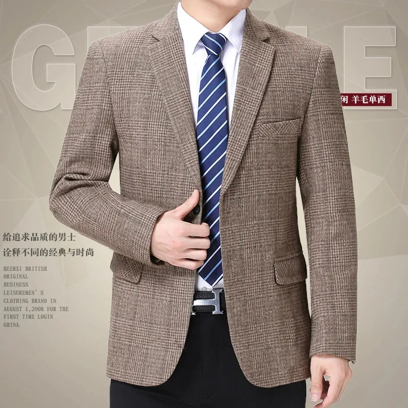 Man Wool Tweed Blazer Plaid Woolen Fabric Jacket Suit Navy Blue Camel Gray Costumn Homme Notched Collar Cuff Button Design Coats