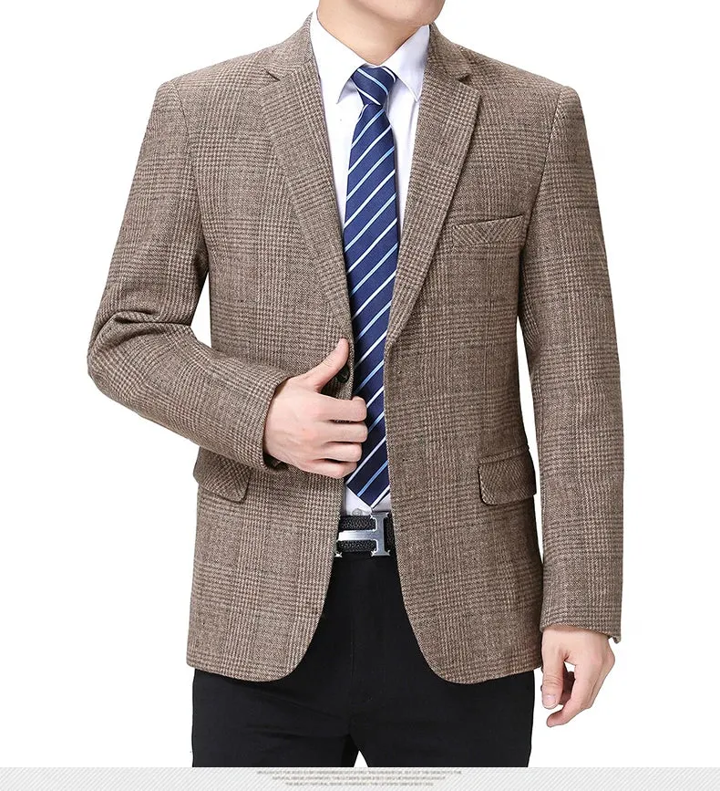 Man Wool Tweed Blazer Plaid Woolen Fabric Jacket Suit Navy Blue Camel Gray Costumn Homme Notched Collar Cuff Button Design Coats