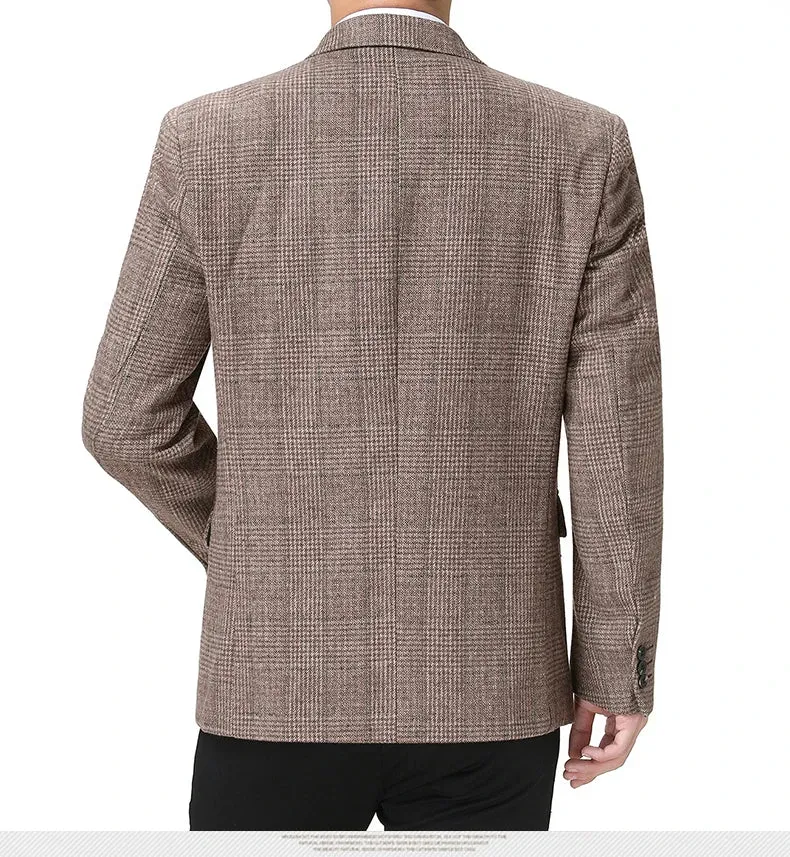 Man Wool Tweed Blazer Plaid Woolen Fabric Jacket Suit Navy Blue Camel Gray Costumn Homme Notched Collar Cuff Button Design Coats