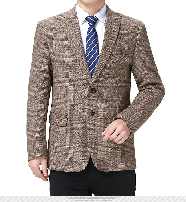 Man Wool Tweed Blazer Plaid Woolen Fabric Jacket Suit Navy Blue Camel Gray Costumn Homme Notched Collar Cuff Button Design Coats