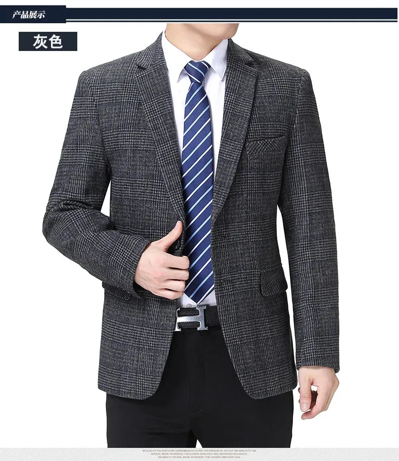 Man Wool Tweed Blazer Plaid Woolen Fabric Jacket Suit Navy Blue Camel Gray Costumn Homme Notched Collar Cuff Button Design Coats