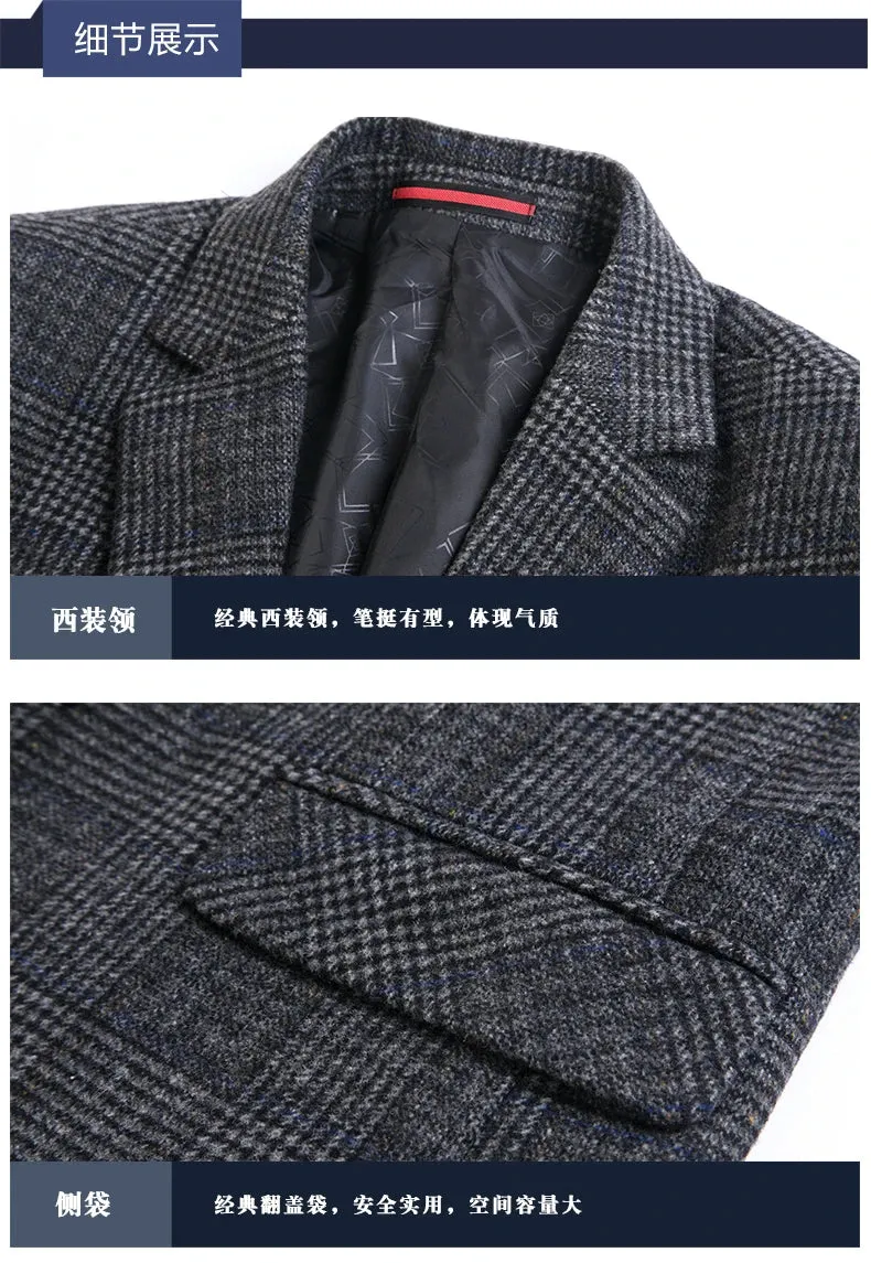 Man Wool Tweed Blazer Plaid Woolen Fabric Jacket Suit Navy Blue Camel Gray Costumn Homme Notched Collar Cuff Button Design Coats