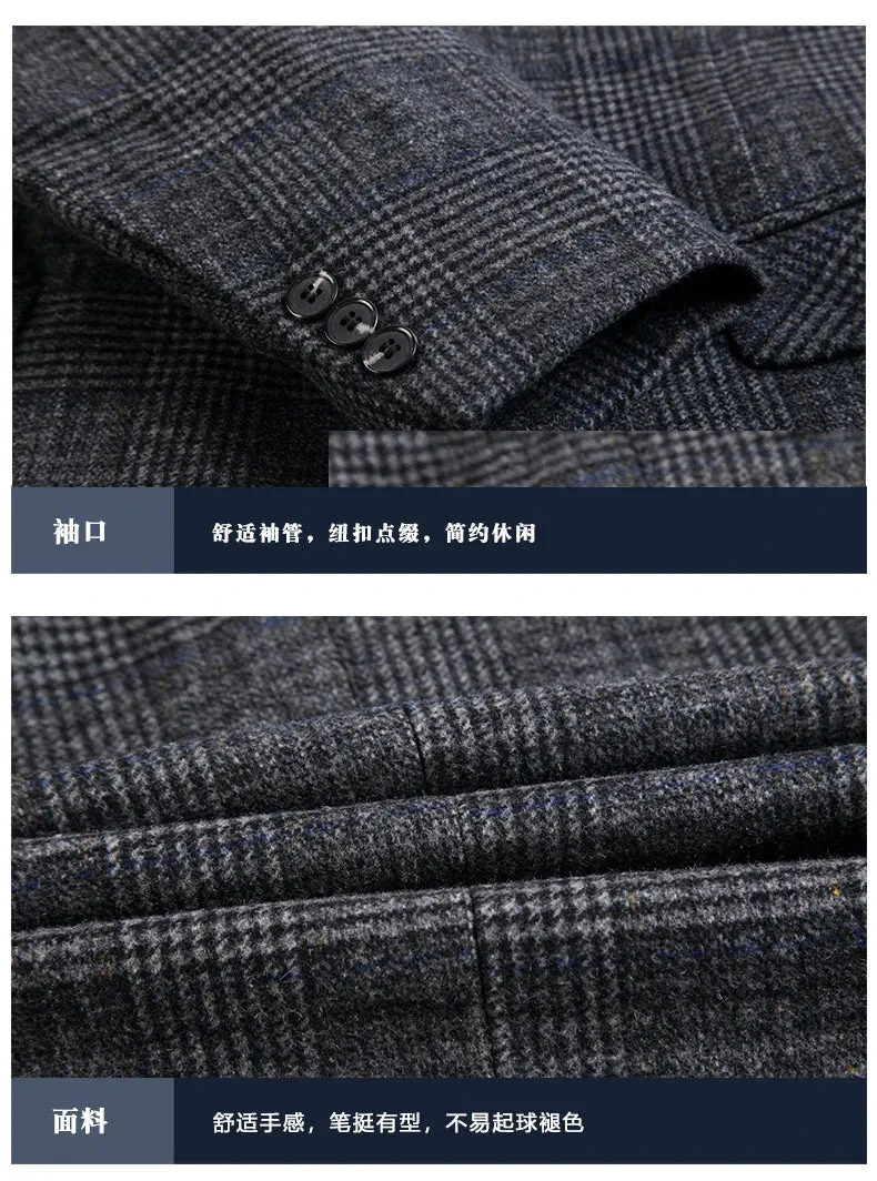 Man Wool Tweed Blazer Plaid Woolen Fabric Jacket Suit Navy Blue Camel Gray Costumn Homme Notched Collar Cuff Button Design Coats