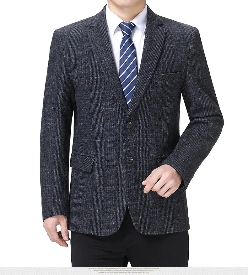 Man Wool Tweed Blazer Plaid Woolen Fabric Jacket Suit Navy Blue Camel Gray Costumn Homme Notched Collar Cuff Button Design Coats