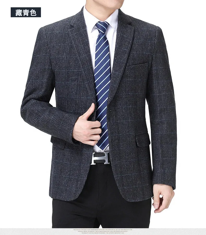 Man Wool Tweed Blazer Plaid Woolen Fabric Jacket Suit Navy Blue Camel Gray Costumn Homme Notched Collar Cuff Button Design Coats