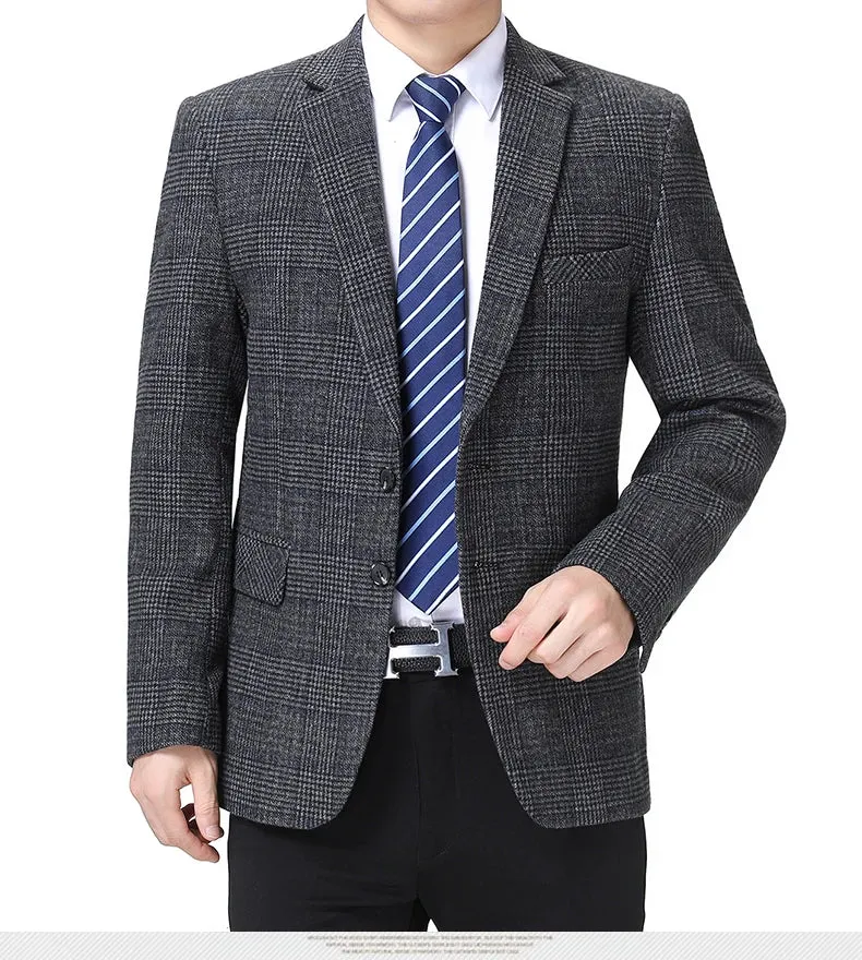 Man Wool Tweed Blazer Plaid Woolen Fabric Jacket Suit Navy Blue Camel Gray Costumn Homme Notched Collar Cuff Button Design Coats