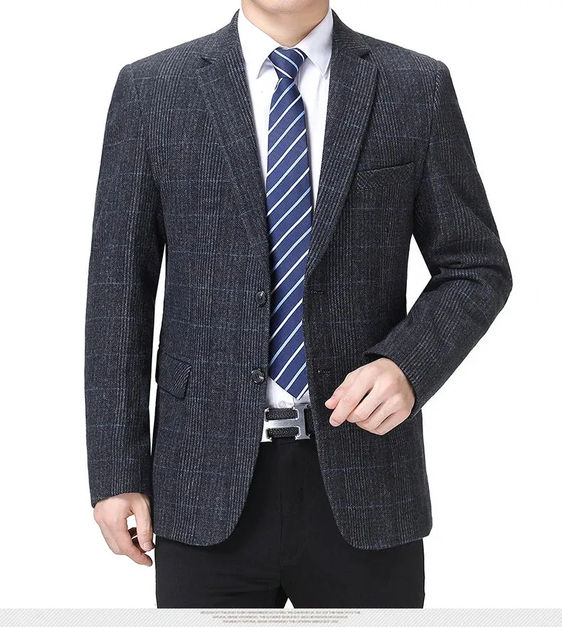 Man Wool Tweed Blazer Plaid Woolen Fabric Jacket Suit Navy Blue Camel Gray Costumn Homme Notched Collar Cuff Button Design Coats