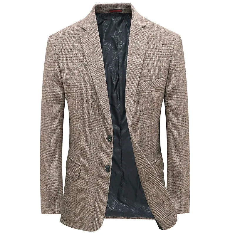Man Wool Tweed Blazer Plaid Woolen Fabric Jacket Suit Navy Blue Camel Gray Costumn Homme Notched Collar Cuff Button Design Coats
