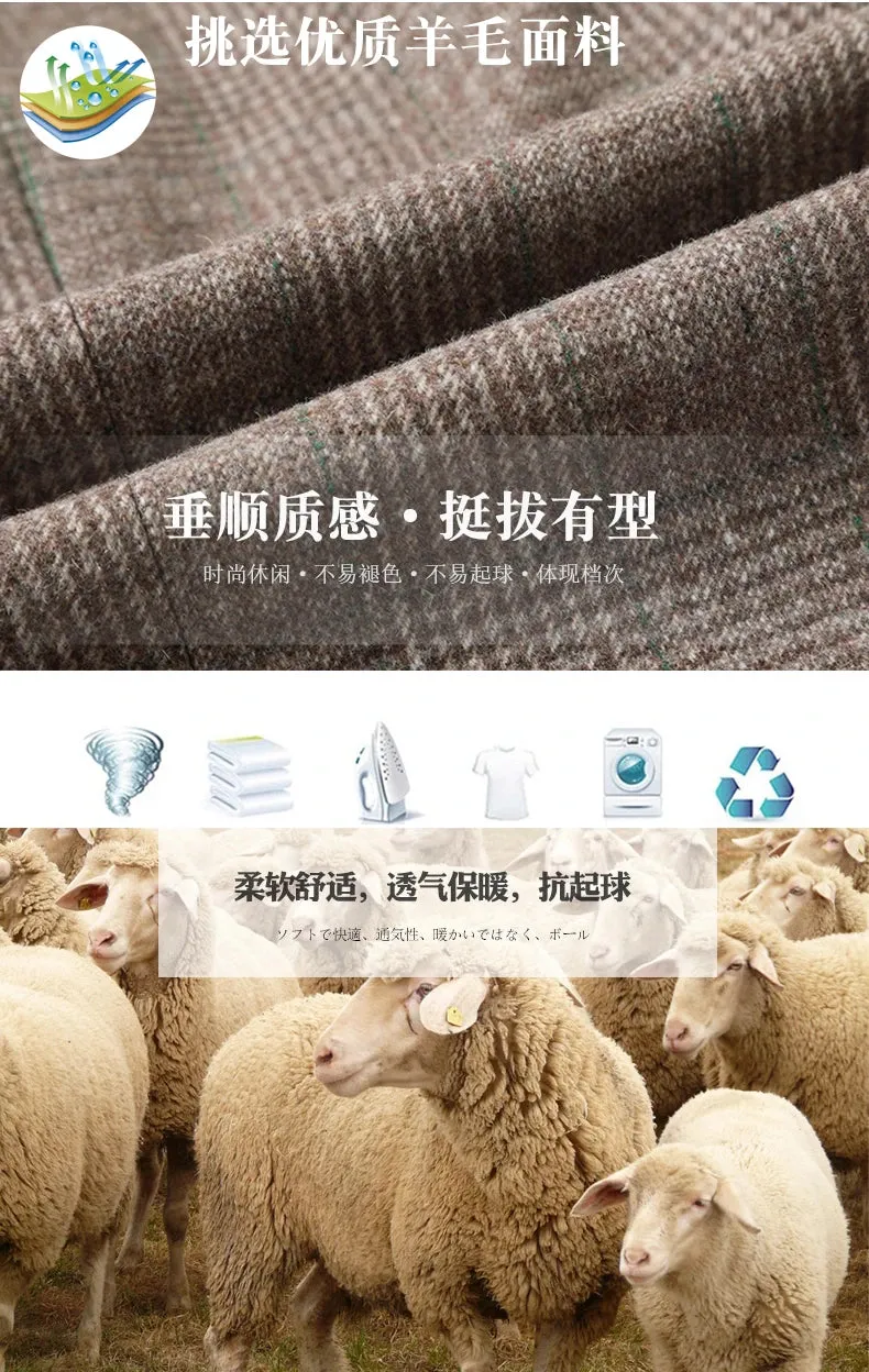 Man Wool Tweed Blazer Plaid Woolen Fabric Jacket Suit Navy Blue Camel Gray Costumn Homme Notched Collar Cuff Button Design Coats