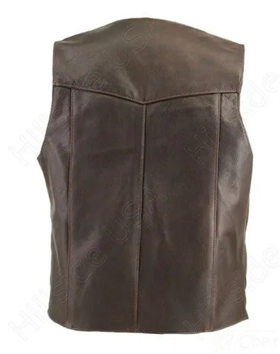 Men's Made in USA Brown Distressed Naked Leather Basic Motorcycle Vest Gun Pockets