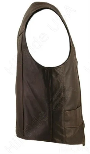 Men's Made in USA Brown Distressed Naked Leather Basic Motorcycle Vest Gun Pockets