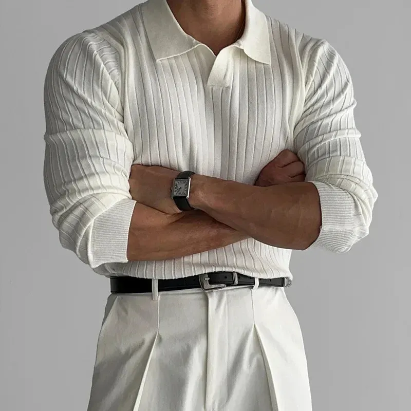 Men's Slim Fit Knit T-Shirt – Lapel Collar, Smooth Silhouette Pullover