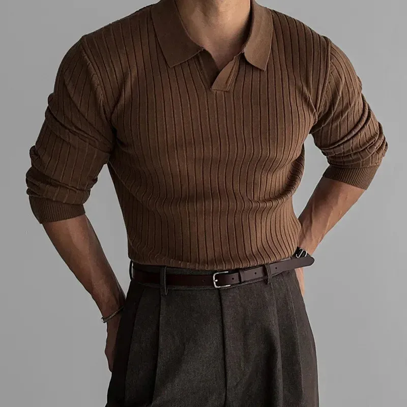 Men's Slim Fit Knit T-Shirt – Lapel Collar, Smooth Silhouette Pullover