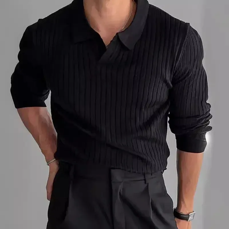 Men's Slim Fit Knit T-Shirt – Lapel Collar, Smooth Silhouette Pullover