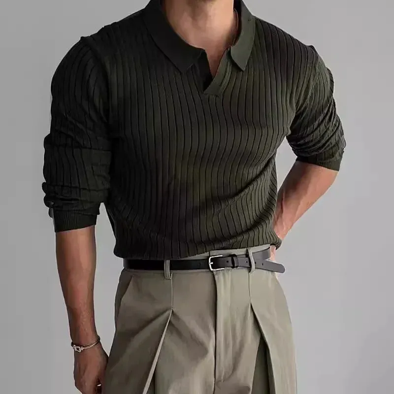 Men's Slim Fit Knit T-Shirt – Lapel Collar, Smooth Silhouette Pullover
