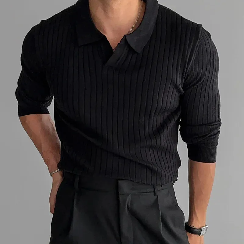 Men's Slim Fit Knit T-Shirt – Lapel Collar, Smooth Silhouette Pullover